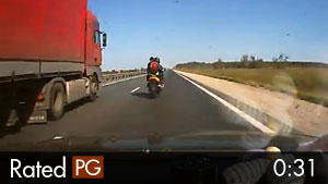 Speeder Almost Hits Truck & Motorcycle