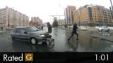 Pedestrians Almost Hit by Crashing Cars